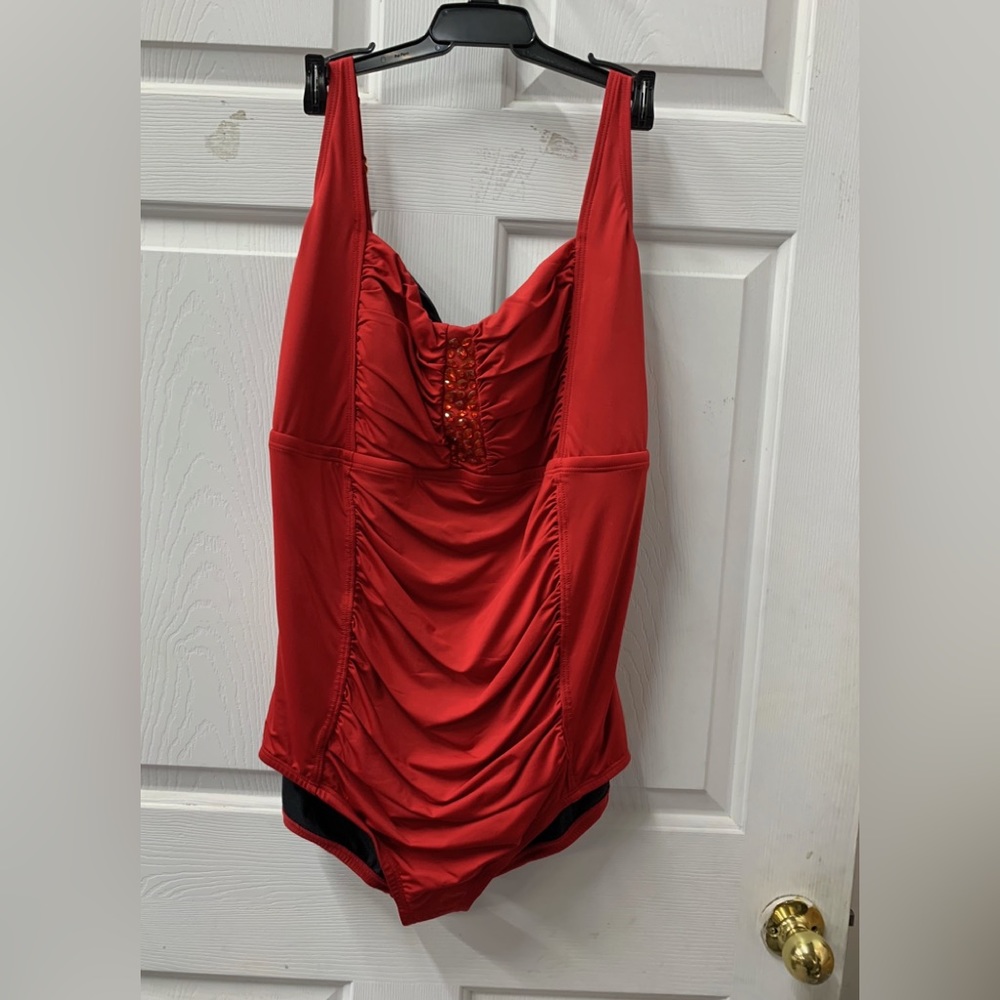 24w plus size swimsuit red Jantzen rhinestones glitz and glam